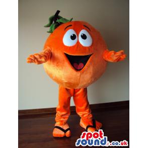 Cute little orange mascot with slippers happy as always -