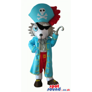 Grey fox dressed as a pirate with a light-blue hat with a white