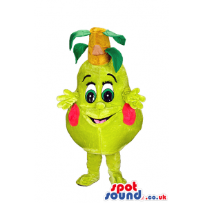 Lemon Fruit Mascot With Red Cheeks And Big Eyes And Leaves -