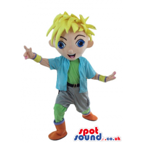 Blond boy with big light-blue eyes wearing grey trousers