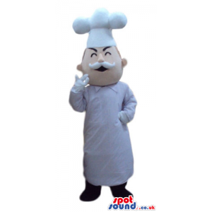 Fat chef with a white moustache wearing a white chef's hat, a
