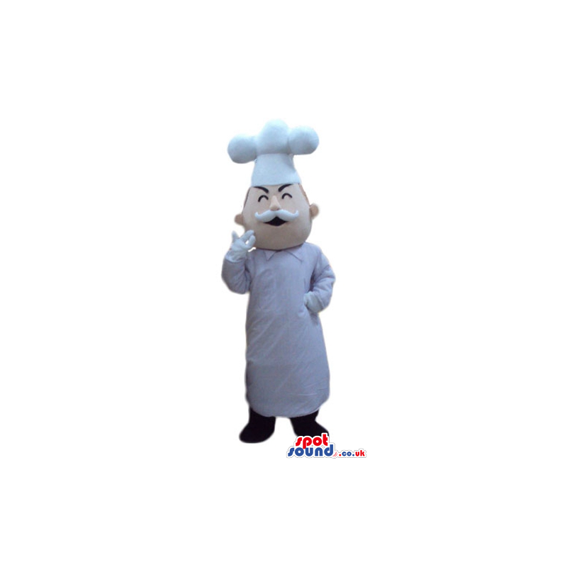 Fat chef with a white moustache wearing a white chef's hat, a