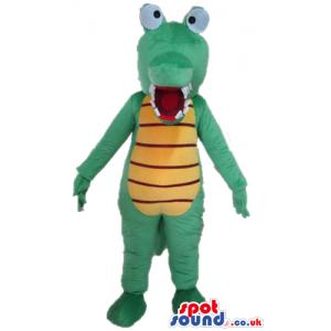 Green crocodile with big eyes and a striped yellow and black