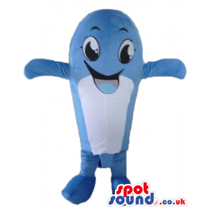 Smiling blue and white whale with a big mouth and big eyes -