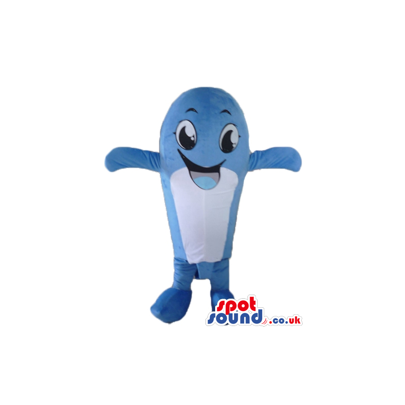 Smiling blue and white whale with a big mouth and big eyes -