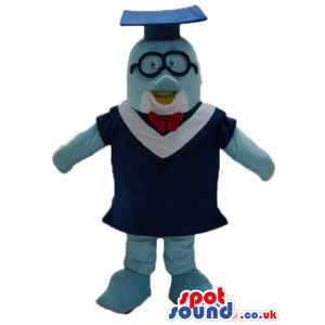 Light-blue penguin wearing glasses, a blue graduate hat and a