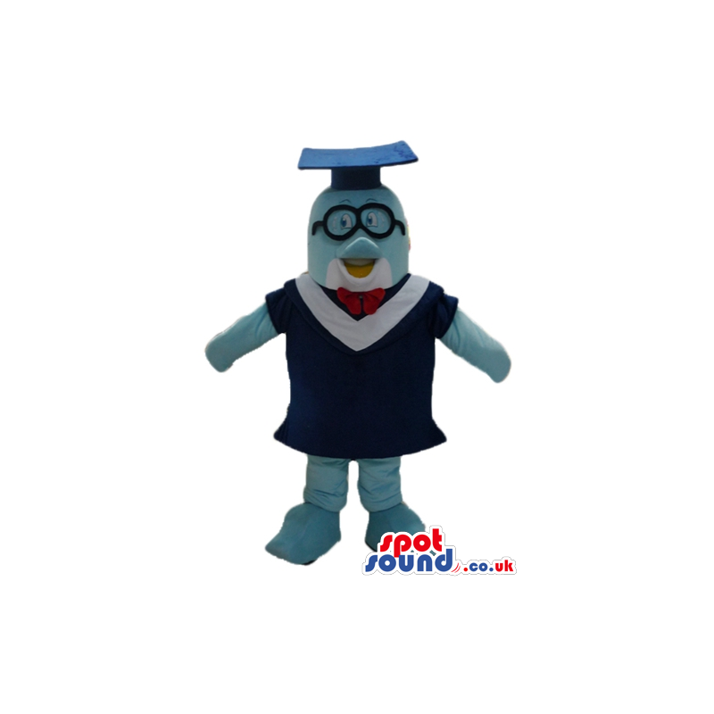 Light-blue penguin wearing glasses, a blue graduate hat and a