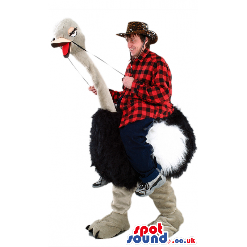 Black Ostrich Mascot With Human Walker On Top And Long Neck -