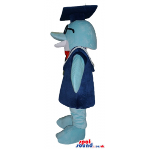 Light-blue penguin wearing glasses, a blue graduate hat and a