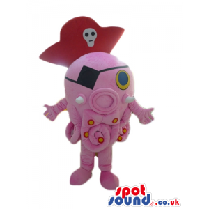 Pink octopus with red and yellow details, blue eyes wearing a