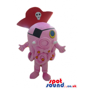 Pink octopus with red and yellow details, blue eyes wearing a