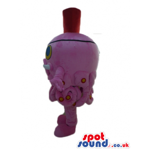 Pink octopus with red and yellow details, blue eyes wearing a