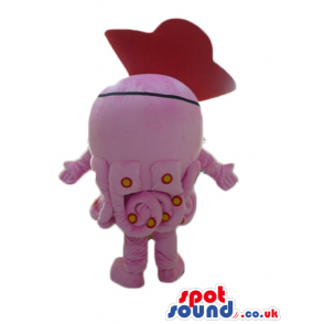Pink octopus with red and yellow details, blue eyes wearing a