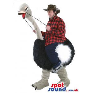 Black Ostrich Mascot With Human Walker On Top And Long Neck -
