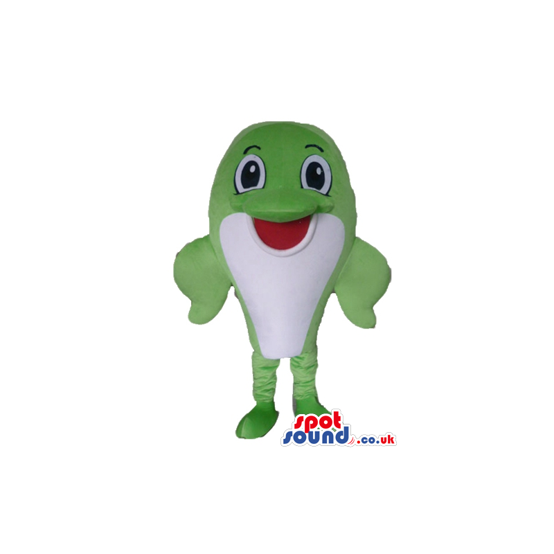 Green dolphin with big eyes and a red mouth - Custom Mascots