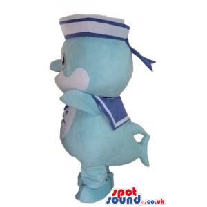 Light-blue and white dolphin wearing a sailor hat and a sailor