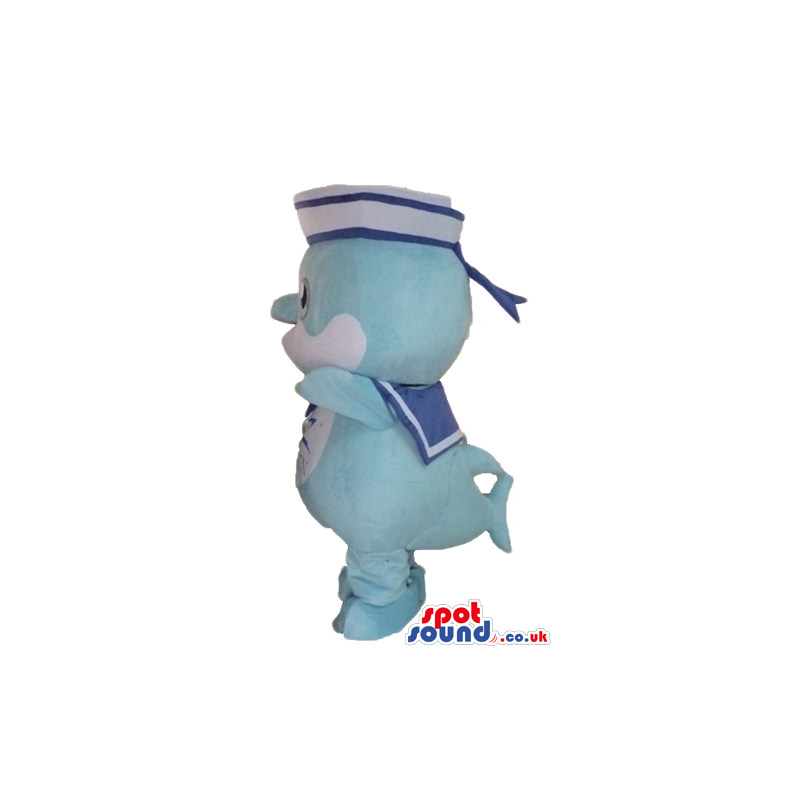 Light-blue and white dolphin wearing a sailor hat and a sailor
