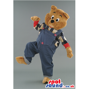 Brown Teddy Bear Mascot With Blue Overalls And Shirt - Custom