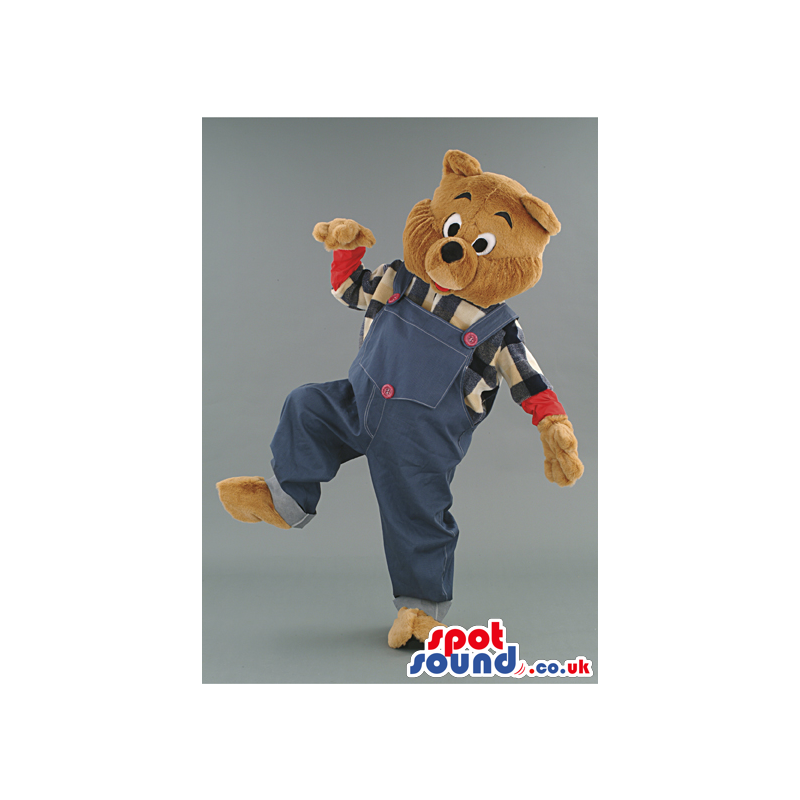 Brown Teddy Bear Mascot With Blue Overalls And Shirt - Custom