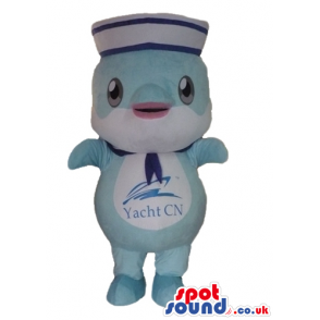 Light-blue and white dolphin wearing a sailor hat and a sailor