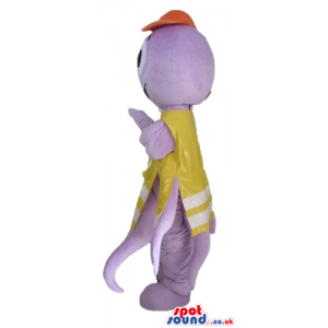 Purple octopus wearing a yellow dress and an orange cap -