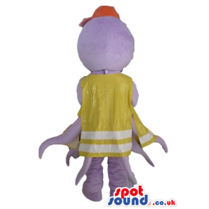 Purple octopus wearing a yellow dress and an orange cap -