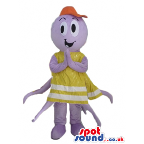 Purple octopus wearing a yellow dress and an orange cap -