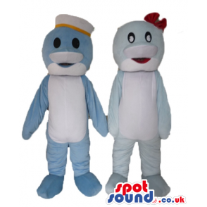Couple of light-blue and white dolphins one wearing a white