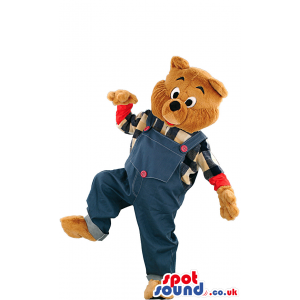 Brown Teddy Bear Mascot With Blue Overalls And Shirt - Custom