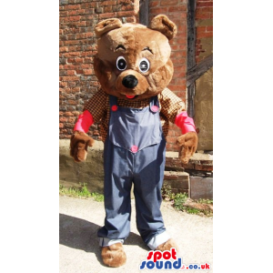 Brown Teddy Bear Mascot With Blue Overalls And Shirt - Custom