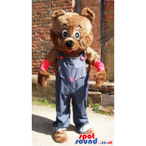 Brown Teddy Bear Mascot With Blue Overalls And Shirt - Custom