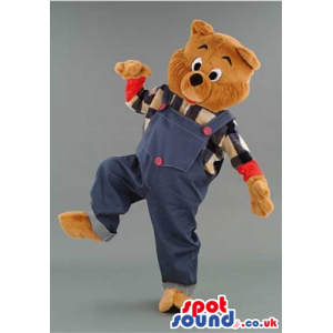 Brown Teddy Bear Mascot With Blue Overalls And Shirt - Custom