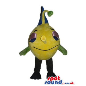 Yellow fish with black legs, blue eyes, pink eyelids, green