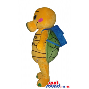 Yellow tortoise with a big nose and pink cheeks and a green
