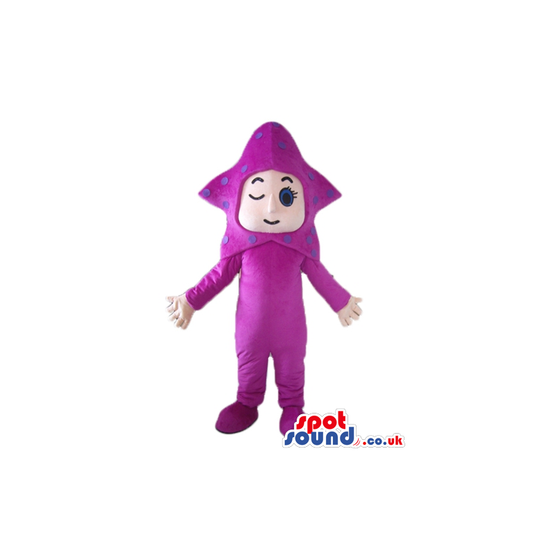 Boy winking an eye wearing a violet suit and a baclava helmet