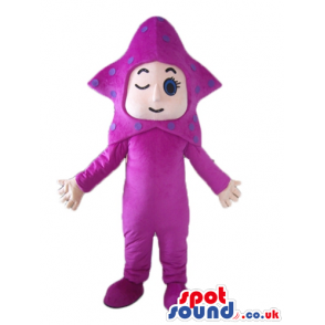 Boy winking an eye wearing a violet suit and a baclava helmet