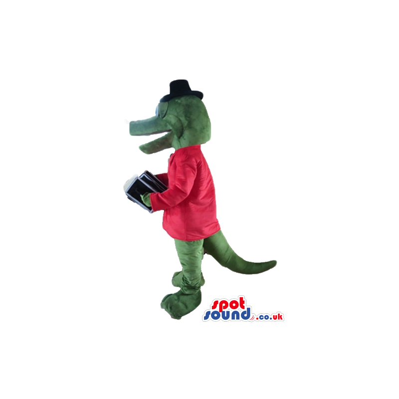 Green crocodile with blue popping eyes, wearing a red jacket. a