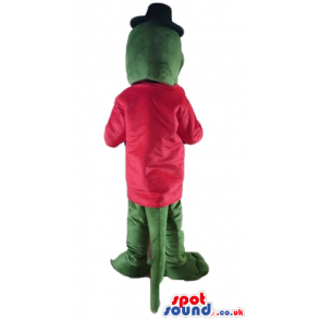 Green crocodile with blue popping eyes, wearing a red jacket. a