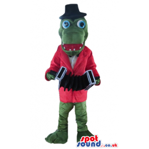 Green crocodile with blue popping eyes, wearing a red jacket. a