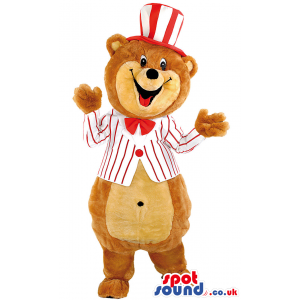Brown Teddy Bear Mascot With White And Red Jacket And Hat