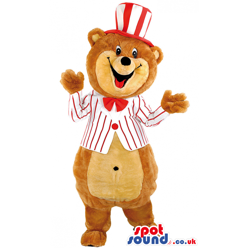 Brown Teddy Bear Mascot With White And Red Jacket And Hat -