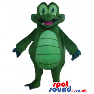 Smiling green alligator with popping eyes, an open mouth and