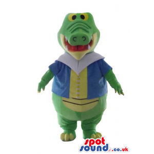 Green alligator with a yellow belly wearing a sailor's jacket -