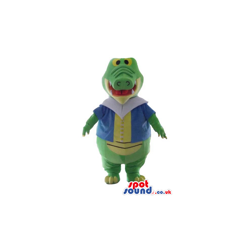 Green alligator with a yellow belly wearing a sailor's jacket -