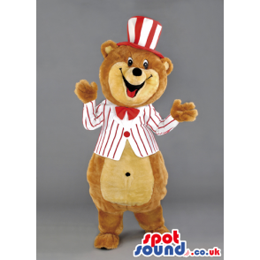 Brown Teddy Bear Mascot With White And Red Jacket And Hat -