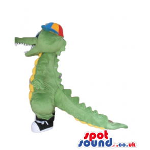 Green alligator with a yellow belly wearing black trainers and