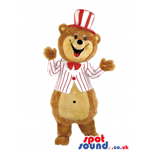 Brown Teddy Bear Mascot With White And Red Jacket And Hat -