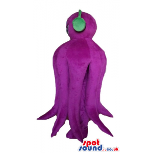 Smiling violet octopus with big blue eyes and a green hat -