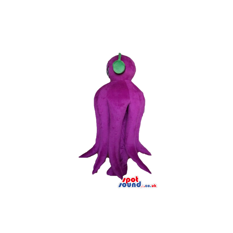 Smiling violet octopus with big blue eyes and a green hat -