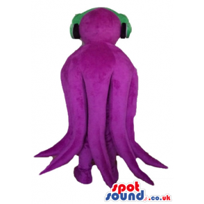 Smiling violet octopus with big blue eyes and a green hat -